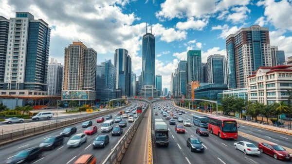 Urban cityscape with busy highway and diverse vehicles, represents connectivity in innovative support services.