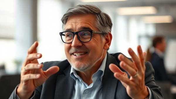 Man in glasses conversing in an office, soft lighting, detailed.