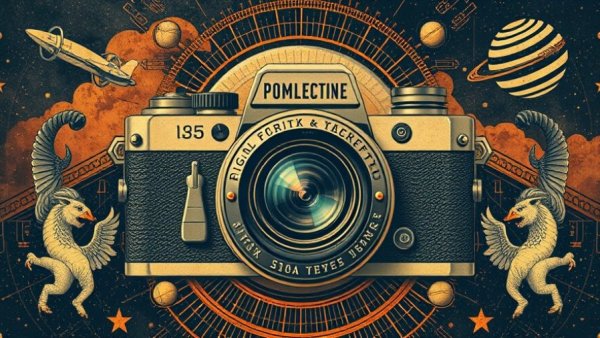 Retro sci-fi press release design with vintage camera