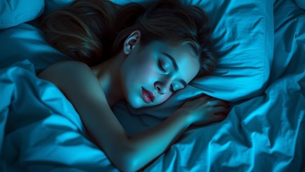 Serene young woman experiencing great HRBS Sleep Quality in blue-lit bedroom.