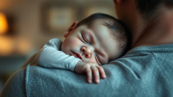 Newborn sleeping peacefully on parent's shoulder, intimate setting.