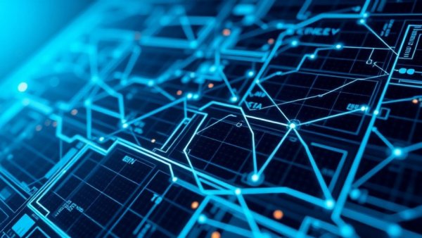 Intricate AI transformation digital blueprint with glowing lines.