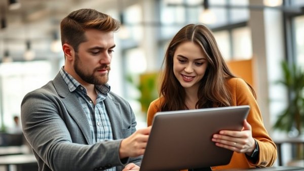 Young professionals discuss AI adoption trends on a laptop in modern office.