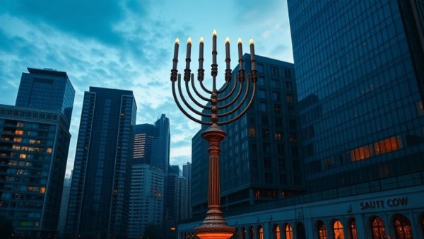 Chanukah Lighting events near me with a giant menorah in urban setting.