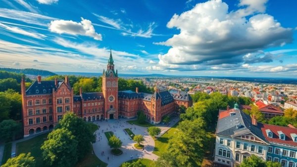 Aerial view of vibrant college campus, historic buildings, greenery, Local Government Issues Workshop setting.
