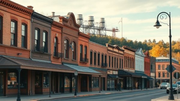 Historic street view of old-timey mining town in Michigan.