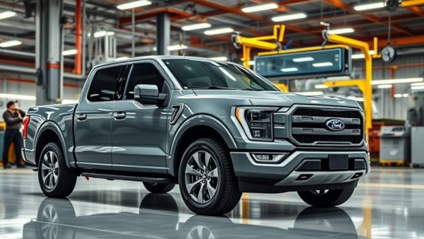 Modern Ford F-150 EV in a well-lit manufacturing facility.