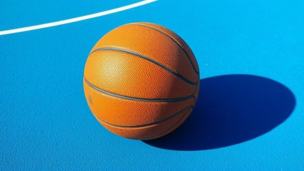 Basketball on blue court capturing high school basketball essence.