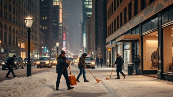 Workers perform snow removal for businesses in NYC during nighttime.