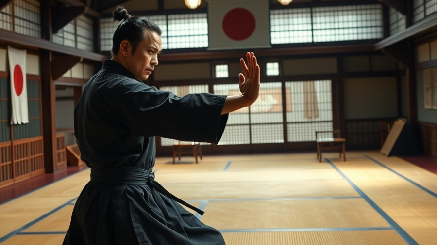 Focused martial artist practicing Koten-gata Maizuru Sho in a traditional dojo.