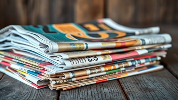 Colorful newspaper stack on wooden table, Medicare Medicaid Advantage coverage Muskegon.