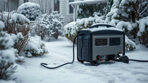 Outdoor power equipment for storm recovery in a snowy backyard.
