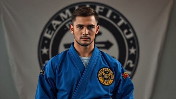 Focused martial artist in blue robe with organization backdrop.