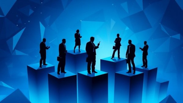 Abstract business scene with silhouettes on blue cubes, Shelby MI