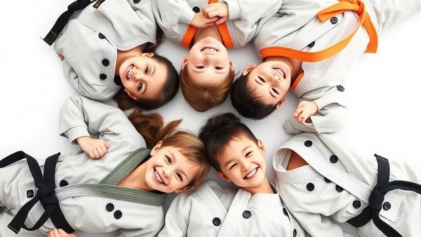 Children in martial arts uniforms lying in a circle, best taekwondo stretching techniques for beginners.