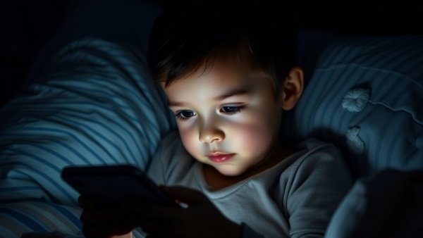 Child with smartphone in bed highlighting AI companions and public health.