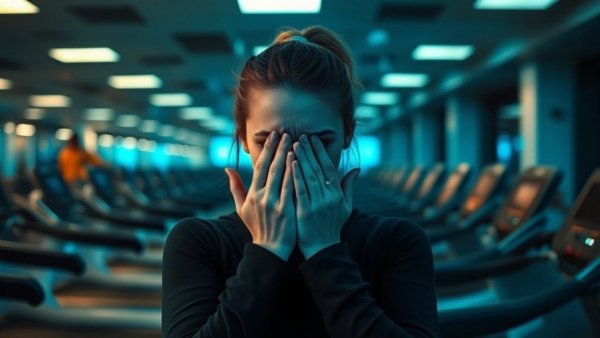 Gym workout anxiety with digital glitch effect highlighting frustration over workouts.
