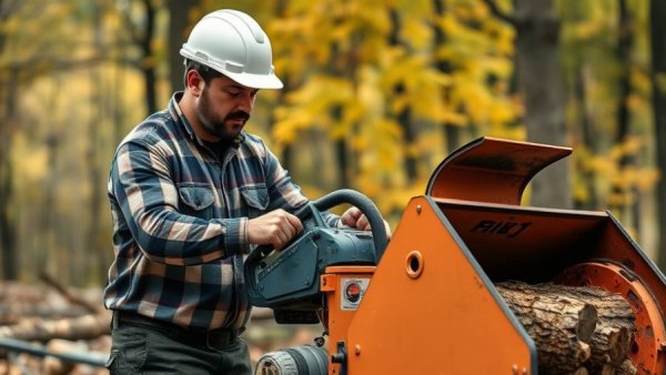Tree care worker operating machinery for winter tree care.