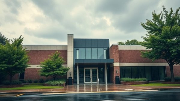 City hall exterior with greenery on a rainy day, Bethany Tree Board.