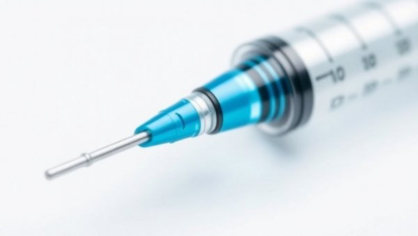Triple agonist weight loss medication syringe with droplet close-up.