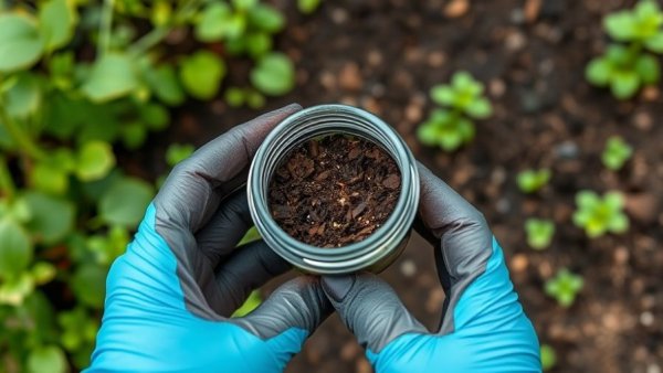 Hands in gloves handling soil sample in garden for soil type identification.