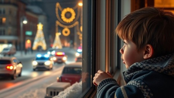 Curious child observes nighttime city festival, Moonbeams for Sweet Dreams.