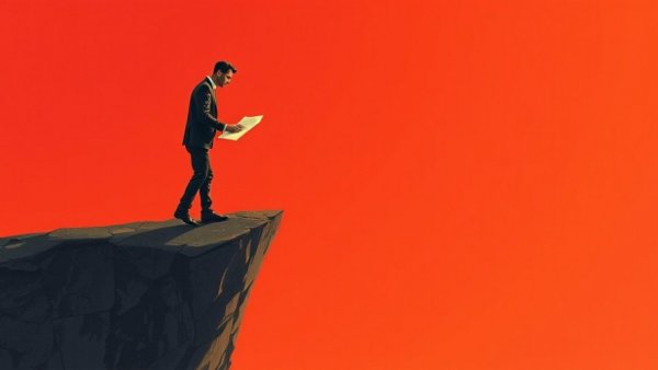 Surreal illustration of office worker at cliff's edge symbolizing white-collar recession.