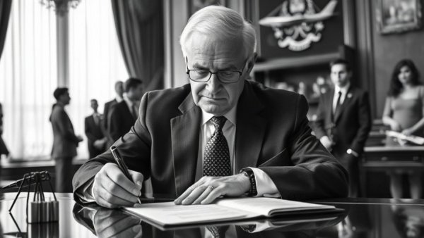 Signing an executive order document, focusing on small business compliance.