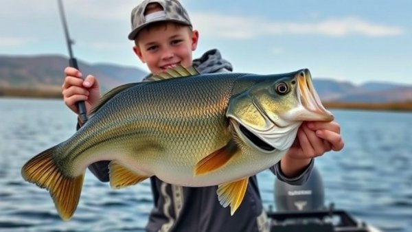 Young angler at Michigan Youth Bass Fishing Championship holding a large bass.