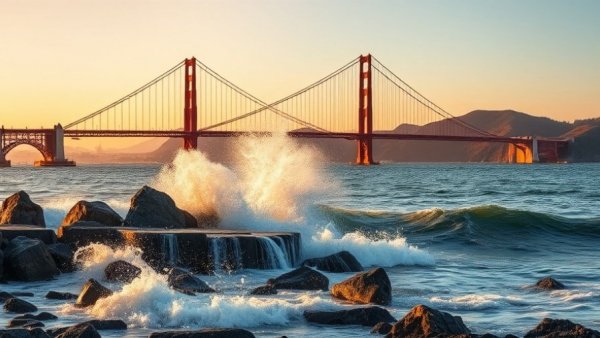 World class travel in the USA, Golden Gate Bridge with waves.