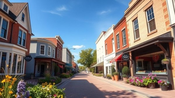 Charming small-town street in Michigan, highlighting local services.