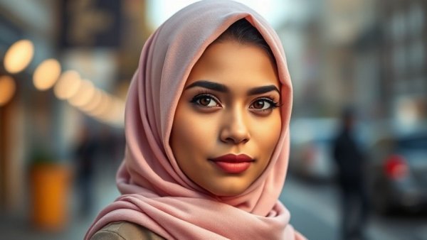 Woman in pastel hijab symbolizing ethical commerce in Africa.