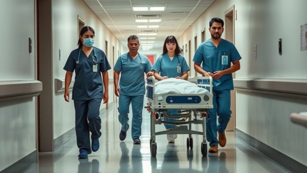 Medical team escorting patient on a gurney, illustrating healthcare dynamics.