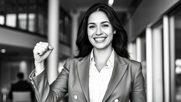 Karate coach in professional attire smiling confidently indoors.