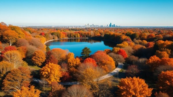 Aerial view of autumn park and lake with city skyline, representing climate biodiversity progress 2025.