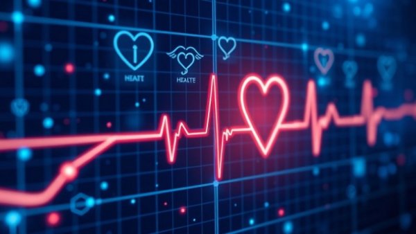 Digital health symbols with heartbeat, health insurance for elderly care.