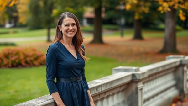 Smiling woman in a park with autumn leaves, discussing GLP-1 drug costs.