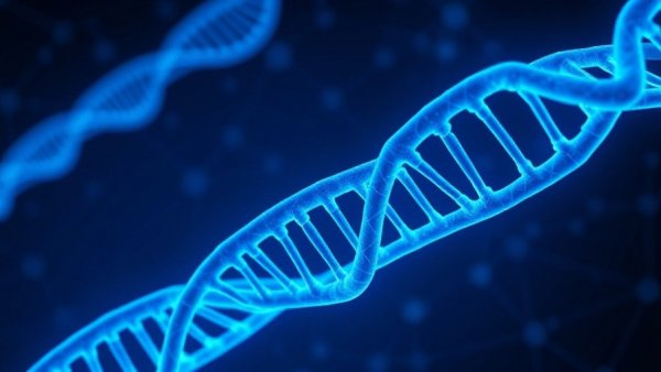 Digital representation of DNA helix in a blue abstract space.