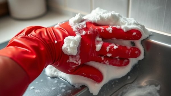 Red-gloved hand scrubbing a surface to kill norovirus.