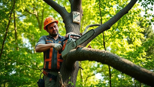 Trusted tree service with arborist trimming branches.