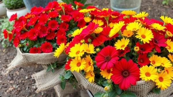 Colorful flowering plants wrapped in burlap for winter.