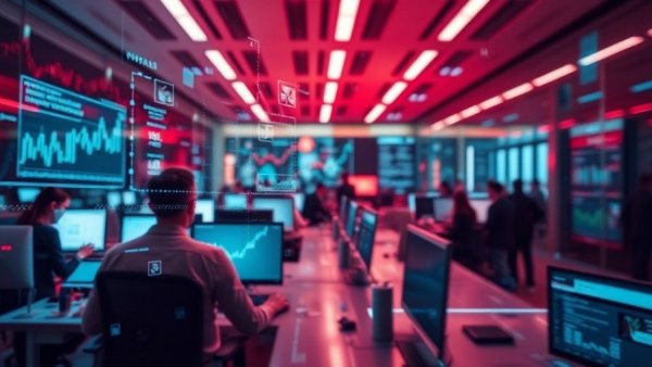 Futuristic financial technology scene with digital overlay symbols in red, real estate secondaries fund managers.