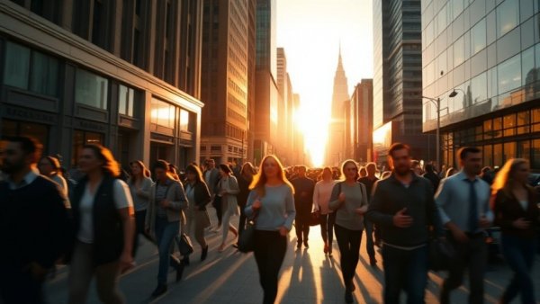 AI's impact on jobs: People on busy city street during sunrise.
