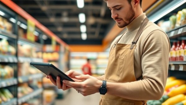 Shop assistant using tablet for inventory in modern grocery store
