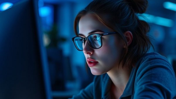 Focused woman researching AI strategies in a blue-lit office.