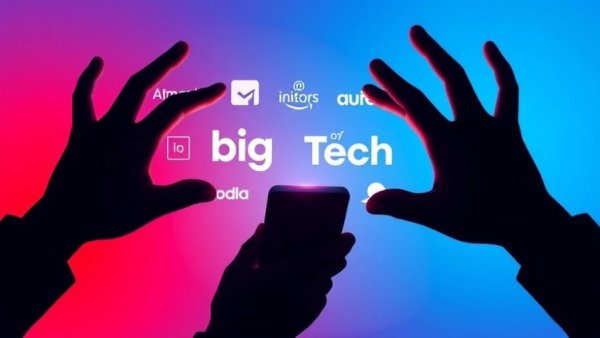 Silhouetted hands with smartphone and Big Tech logos, digital art.