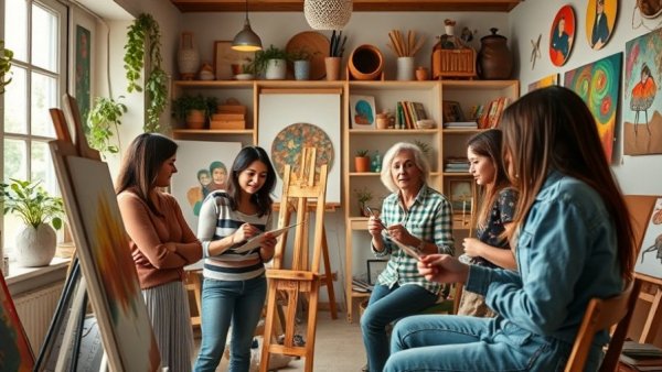 Cozy paint and sip event with people painting in a lively studio