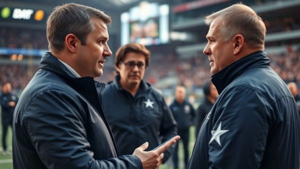 Sports commentator interviewing at a football event amid lively crowd.
