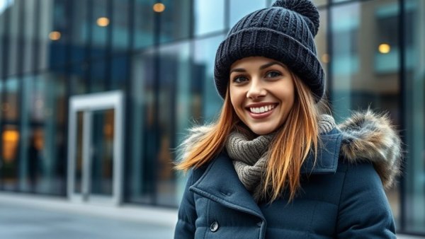Smiling woman in winter apparel in front of modern building, Michigan startup insights.
