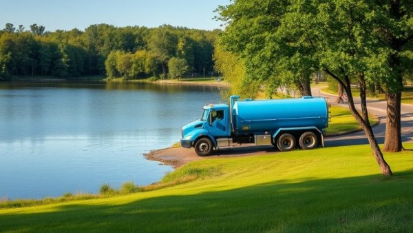 Blue sewage truck near serene lake shore, environmental response effort.